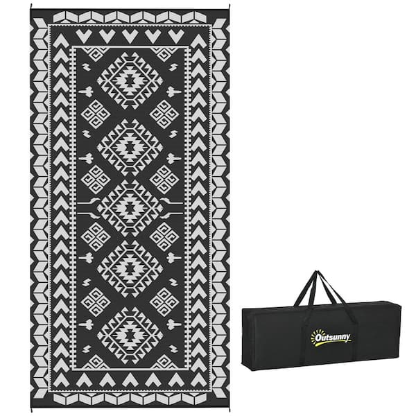 Black and White Rhombus Patchwork 9 ft. x 18 ft.Waterproof Plastic Reversible Outdoor Rug Large Straw Floor Mat Area Rug