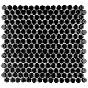 Hudson Penny Round Glossy Black 12 in. x 12-5/8 in. x 5 mm Porcelain Mosaic Tile (10.74 sq. ft. / case)