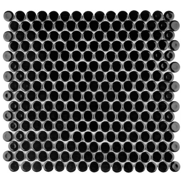 Merola Tile Hudson Penny Round Glossy Black 12 in. x 12-5/8 in. Porcelain Mosaic Tile (10.7 sq. ft./Case)