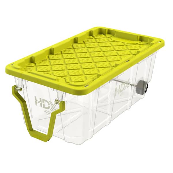 HDX 40 Gal. Tough Storage Tote with Wheels and Handle in Clear and Yellow