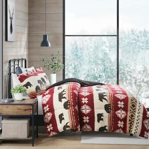 Tunbridge 3-Piece Red/Black Full/Queen Print Sherpa Comforter Set