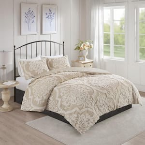 Aeriela 3-Piece Taupe Full/Queen Tufted Cotton Chenille Damask Comforter Set