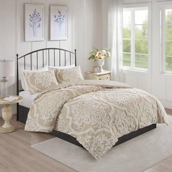 Madison Park Aeriela 3 Piece Taupe Full Queen Tufted Cotton Chenille Damask Comforter Set Mp10 7102 The Home Depot - Chenille Bedding Set Queen Madison Park Aeriela 3 Piece Taupe Full Queen Tufted Cotton Chenille Damask Comforter Set Mp10 7102 The Home Depot - Chenille Bedding Set Queen