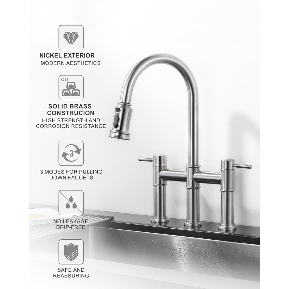 Brushed Nickel Double Handle Bridge Kitchen Faucet with Pull Down Sprayer