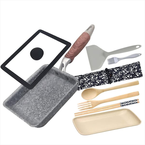 9-Piece Aluminum Tamagoyaki Pan Set with Lid, 7 in. x 5 in. Nonstick Japanese Omelette Pan, Grey