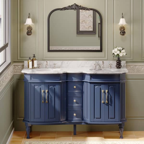 54 in. Navy Wood Double Sink Freestanding Bathroom Vanity with White Marble Top (Assembled)