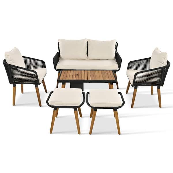 KandK 6-Piece Wood Patio Conversation Deep Seating Set with Two Stools and Beige Cushions