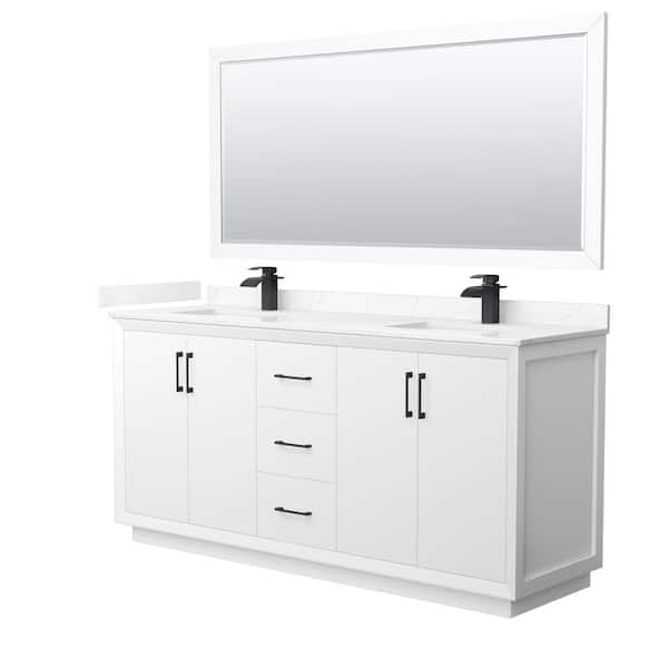 Wyndham Collection Strada 72 in. W x 22 in. D x 35 in. H Double Bath Vanity in White with Giotto Quartz Top and 70 in. Mirror