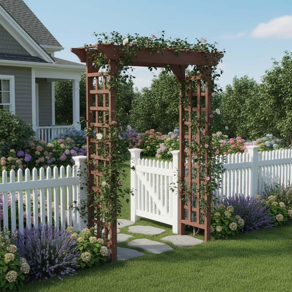 Brown Fir Wood 85.5 in. x 63 in. Garden Arch Wooden Arbor Trellis ...