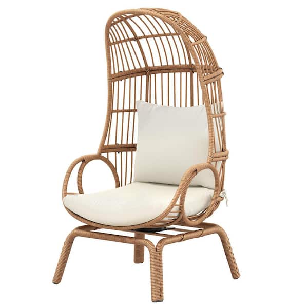 DEXTRUS Brown Wicker Patio Outdoor Indoor Basket Narrow Cocoon Egg Lounge Chair with Beige Cushion for Patio, Balcony, Bedroom