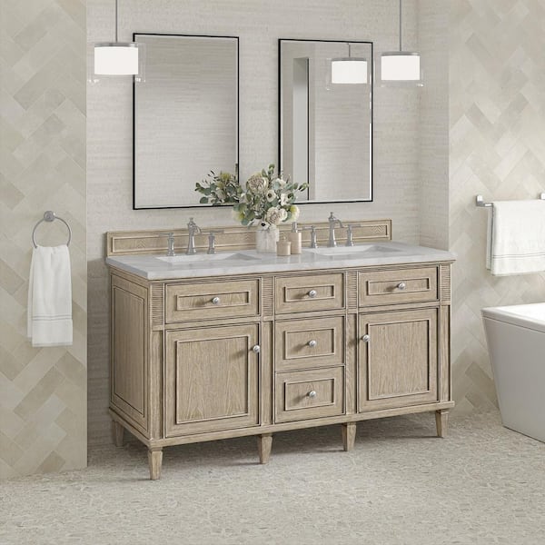 James Martin Vanities Lorelai 60.0 in. W x 23.5 in. D x 34.06 in. H Double Vanity in Whitewashed Oak with Silver Quartz Top