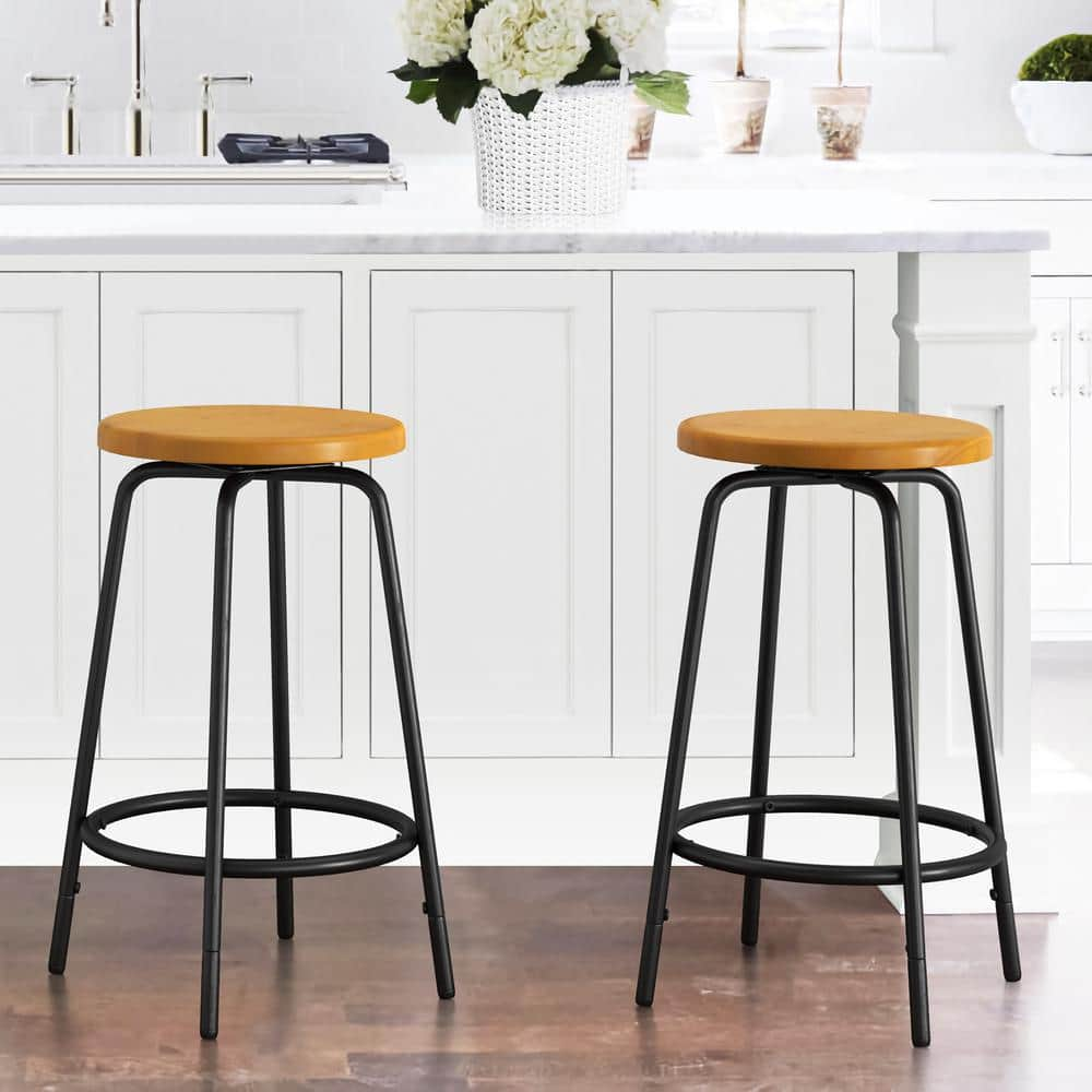 LUE BONA Katrina 26 in. Honey Color Rustic Adjustable Backless Metal Frame Bar Stools with pine Wood Top Set of 2 LB22BE0006 700 The Home Depot