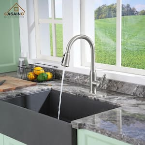 Single Handle Pull-Down Sprayer Kitchen Faucet with Three-function Pull out Sprayer head, Deckplate in Brushed Nickel