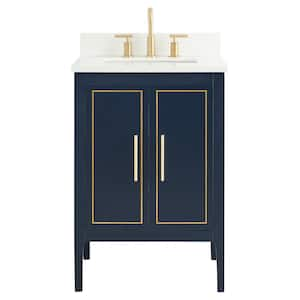 Exeter 24 in. W x 21 in. D x 34 in. H Bath Vanity in Navy Gold with Pure White Quartz Top and Single Sink Ceramic Basin