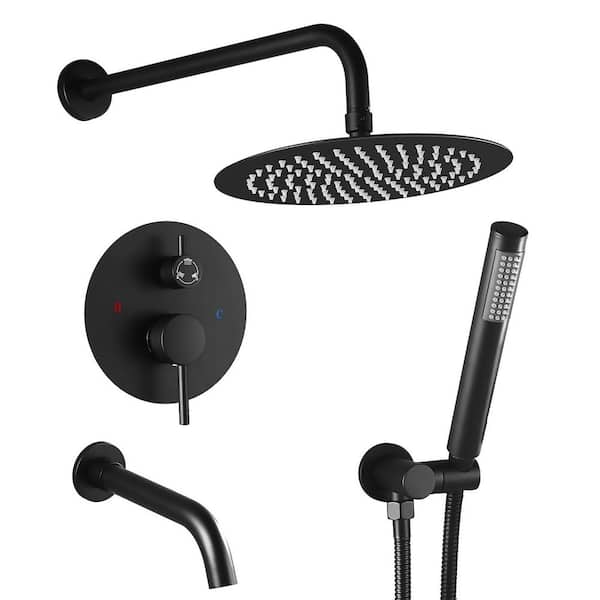 Singe Handle 3-Spray Tub and Shower Faucet Shower Combo 12 in. Shower Head 2.5 GPM in Matte Black Valve Included