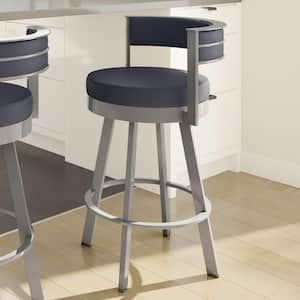 Browser 30 in. Navy Blue Faux Leather Glossy Grey Metal Swivel Bar Stool