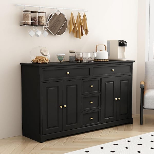 FUFU&GAGA Black Wood 59.1 in. W Sideboard with 2-Large Drawers, 3-Small Drawers and 2-Cabinets 33.5 in. H x 15.7 in. D