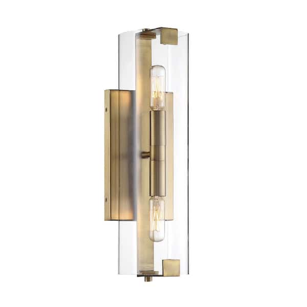 Savoy House Winfield 4.5 in. W x 15.5 in. H 2-Light Warm Brass Wall Sconce with Clear Glass Shade