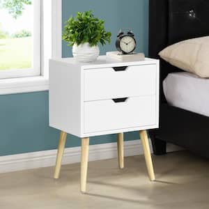 15.7 in. White Wood Side Table 2 Drawers, Rubber Wood Legs, Mid-Century End Table Nightstand for Bedroom Living Room