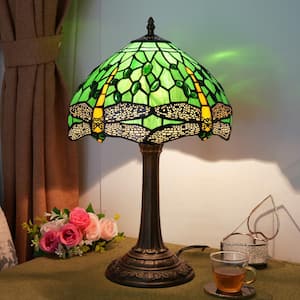 19 in. Tiffany Style Bronze Finish Table Lamp with Green Dragonfly Stained Glass Lamp Shade