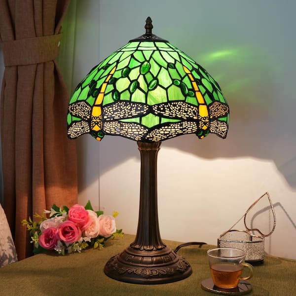 Lasaideal 19 in. Tiffany Style Bronze Finish Table Lamp with Green Dragonfly Stained Glass Lamp Shade