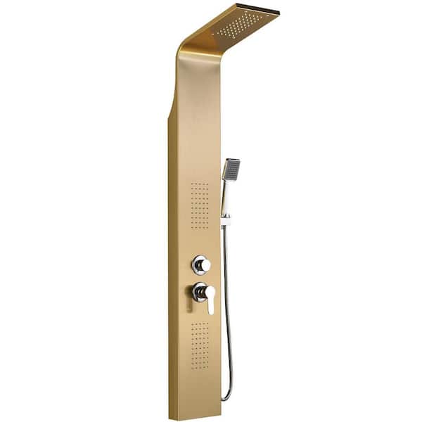 4-Jet Rainfall Shower Panel System with Rainfall Waterfall Shower Head and Shower Wand in Brushed Gold
