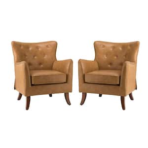 Germano Camel Vegan Leather Wingback Armchair with Wooden Legs Set of 2