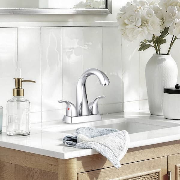 Modern 4 in. Centerset High-Arc Double-Handle BathroomFaucet with Pop-up Drain Kit in Chrome