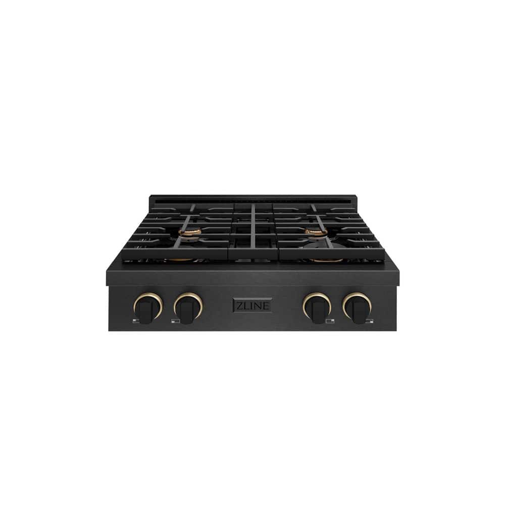 Designer 30 in. Paramount Gas Rangetop with 4 Burners in Black Satin with Matte Black and Champagne Bronze Accents