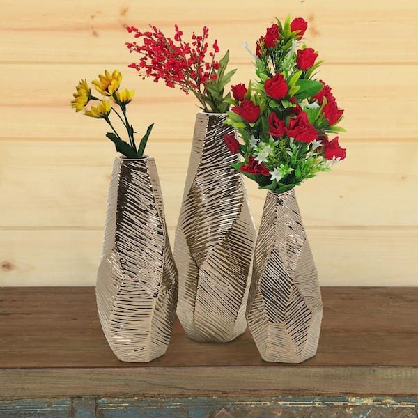 Benjara Wonderful Metallic Bronze Ceramic Geometric Decorative Vases (Set of 3)