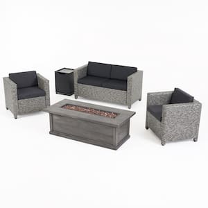Gerhardt Mixed Black 5-Piece Faux Rattan Patio Fire Pit Seating Set with Dark Grey Cushions