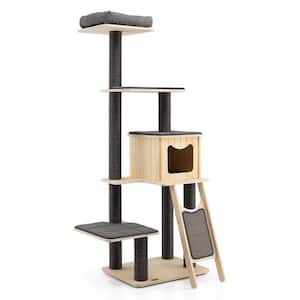 Gray Wood 5-Tier Modern Wood Cat Tower with Washable Cushions