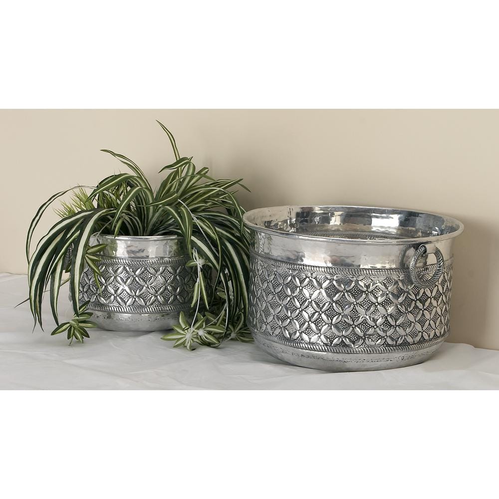 UPC 758647496747 product image for Silver Aluminum Round Planters with Iron Ring Handles (Set of 2) | upcitemdb.com