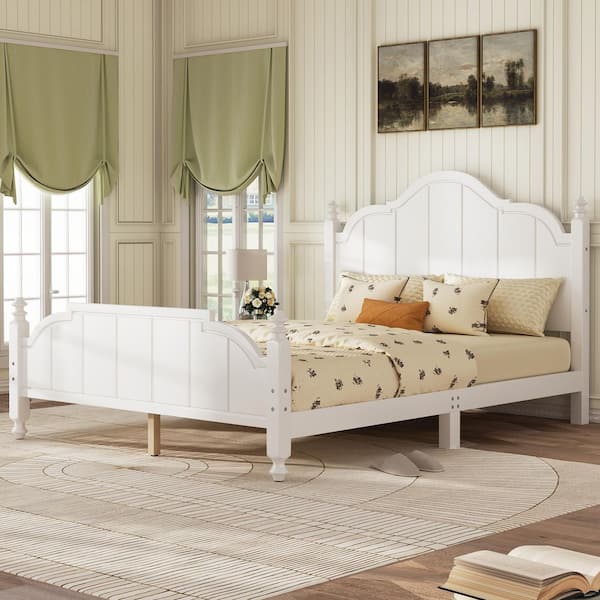 Exquisite Vintage White Wood Frame Queen Size Platform Bed with Support Legs