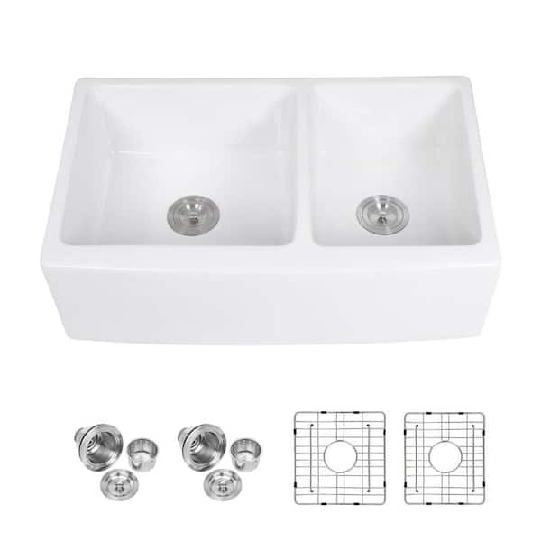 33 in. Farmhouse Double Bowl (60/40) 16-Gauge White Ceramic Kitchen Sink with Basket Strainer and Dish Grid