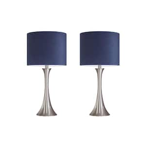 24.25 in. Brushed Nickel Table Lamp Set with Flared Body and Navy Linen Shade (2-Pack)