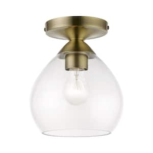 Parkhurst 7 in. 1-Light Antique Brass Semi Flush Mount with Clear Glass