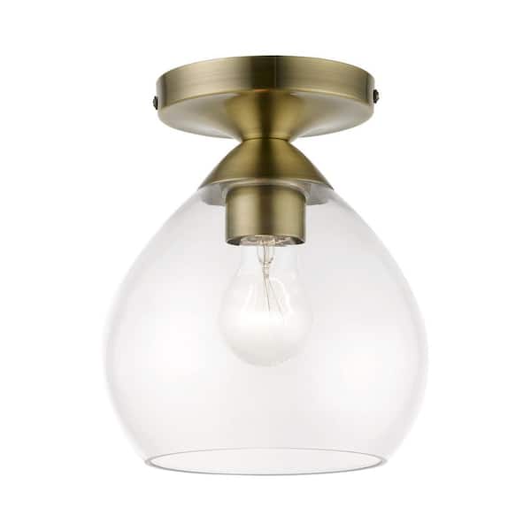 AVIANCE LIGHTING Parkhurst 7 in. 1-Light Antique Brass Semi Flush Mount with Clear Glass