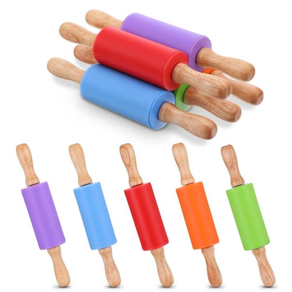 10-Piece 9 In. Silicone Wooden Mini Rolling Pins for Kids Non-Stick Baking Dough Cookie Fondant 5 Colors
