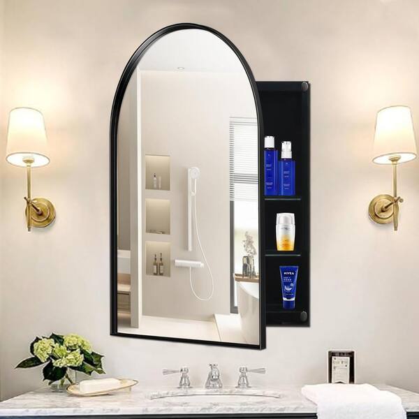 Tenleaf 24 in. W x 36 in. H Arched Recessed Metal Medicine Cabinet with Mirror and Adjustable Shelves in Matte Gold