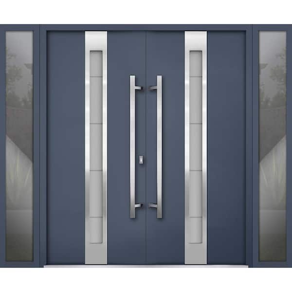 VDOMDOORS 1717 100 in. x 80 in. Right-hand/Inswing 2 Sidelites Tinted Glass Gray Steel Prehung Front Door with Hardware