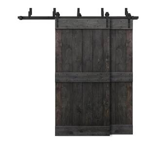 56 in. x 84 in. Mid-Bar Bypass Light Brown Stained DIY Solid Wood Interior Double Sliding Barn Door with Hardware Kit