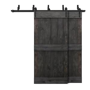 76 in. x 84 in. Mid-Bar Bypass Light Brown Stained DIY Solid Wood Interior Double Sliding Barn Door with Hardware Kit