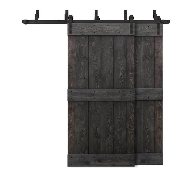 CALHOME 64 in. x 84 in. Mid-Bar Bypass Red Walnut Stained DIY Solid Wood Interior Double Sliding Barn Door with Hardware Kit