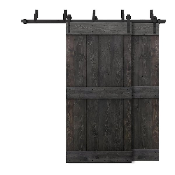CALHOME 68 in. x 84 in. Mid-Bar Bypass Red Walnut Stained DIY Solid Wood Interior Double Sliding Barn Door with Hardware Kit