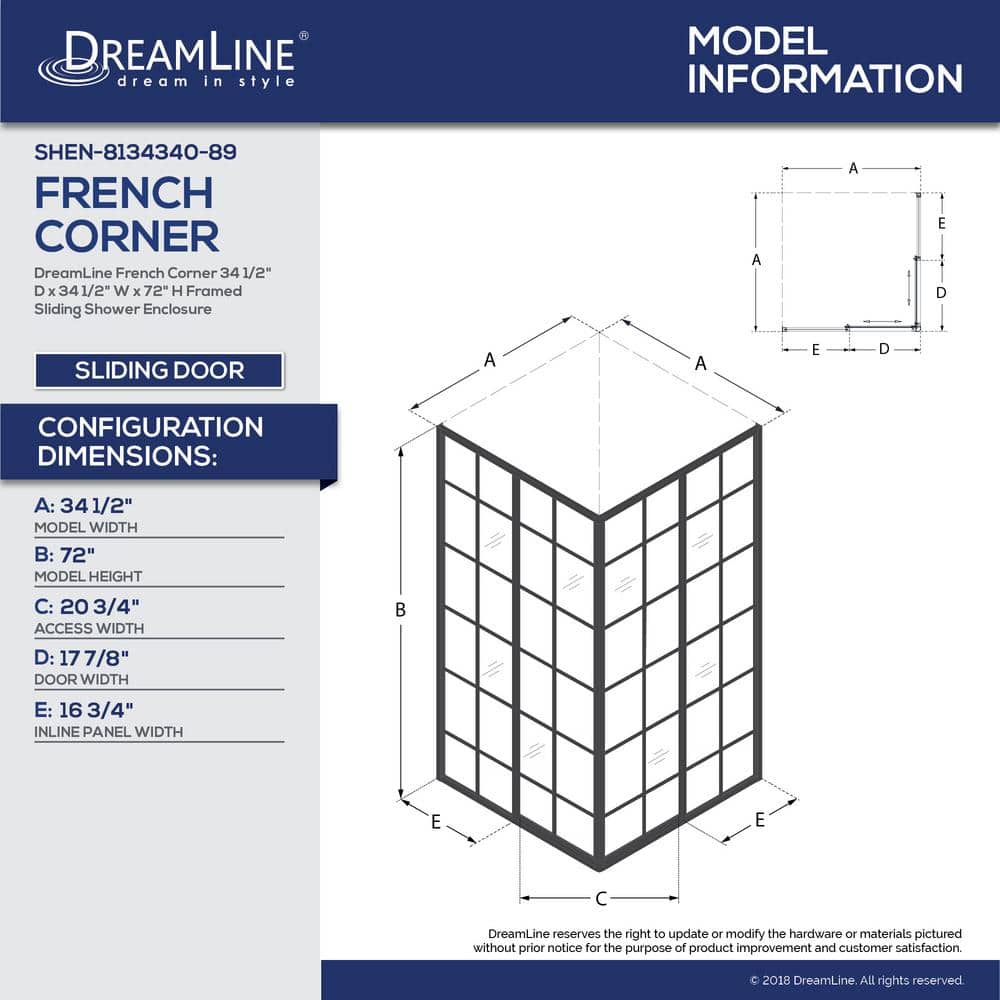 French Corner 34.5" Black Framed Sliding Shower Enclosure