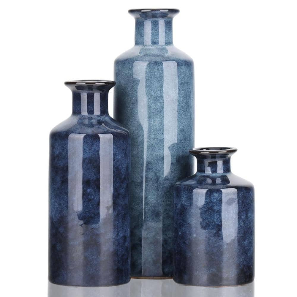 Blue Ceramic Cylinder Vase Set of 3