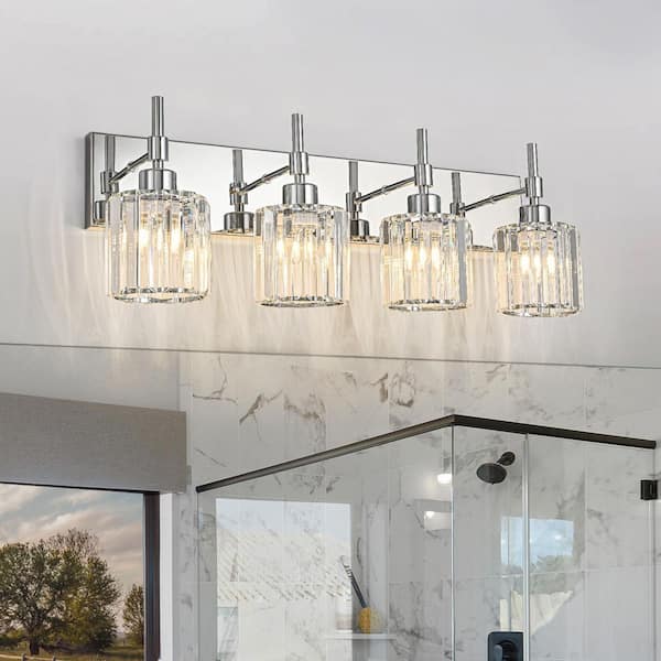 LLHZSY Schonbek 26 in. 4-Light Chrome Dimmable Modern Bathroom Vanity Light with Crystal Shades