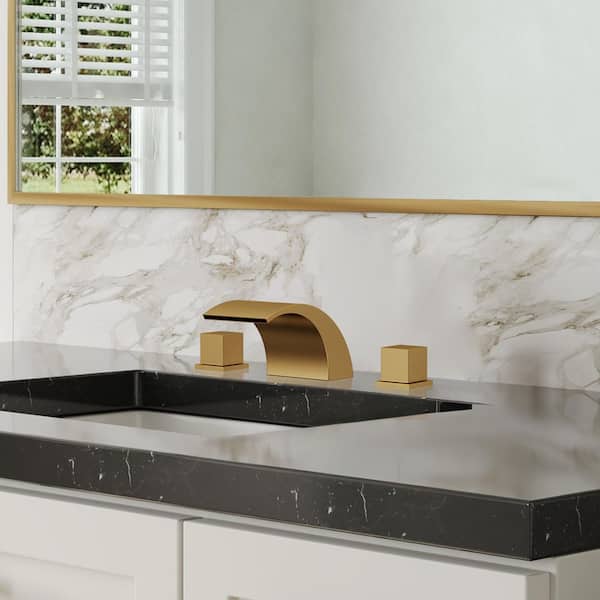 Modern 3 Hole Waterfall 8 in. Widespread Double Handle Bathroom Faucet in Brushed Gold Pop-Up Drain Included
