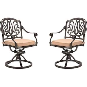 Classic Dark Brown Swivel Cast Aluminum Outdoor Dining Chair with Beige Cushions (2-Pack)